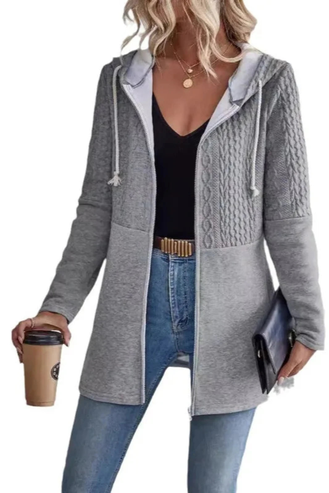 Sandy - Jacquard Long Sleeved Zipped Hoodie in Grey, Black and White